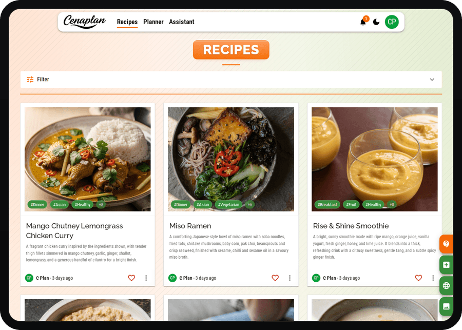 Cenaplan desktop recipe binder with saved recipe cards