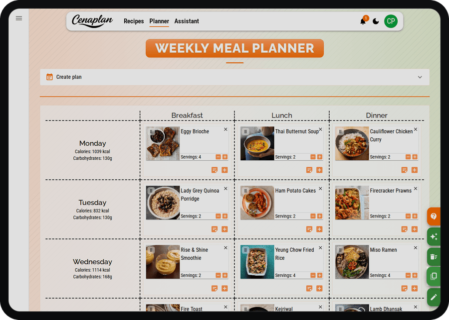 Cenaplan desktop planner copy dialog for reusing a weekly meal plan