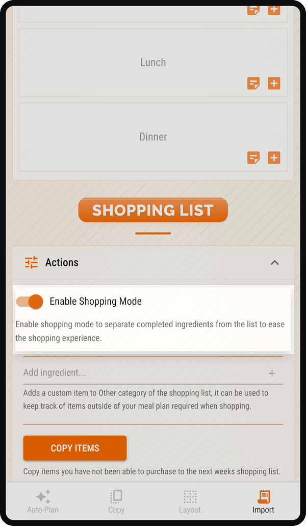 Shopping list created from planned meals