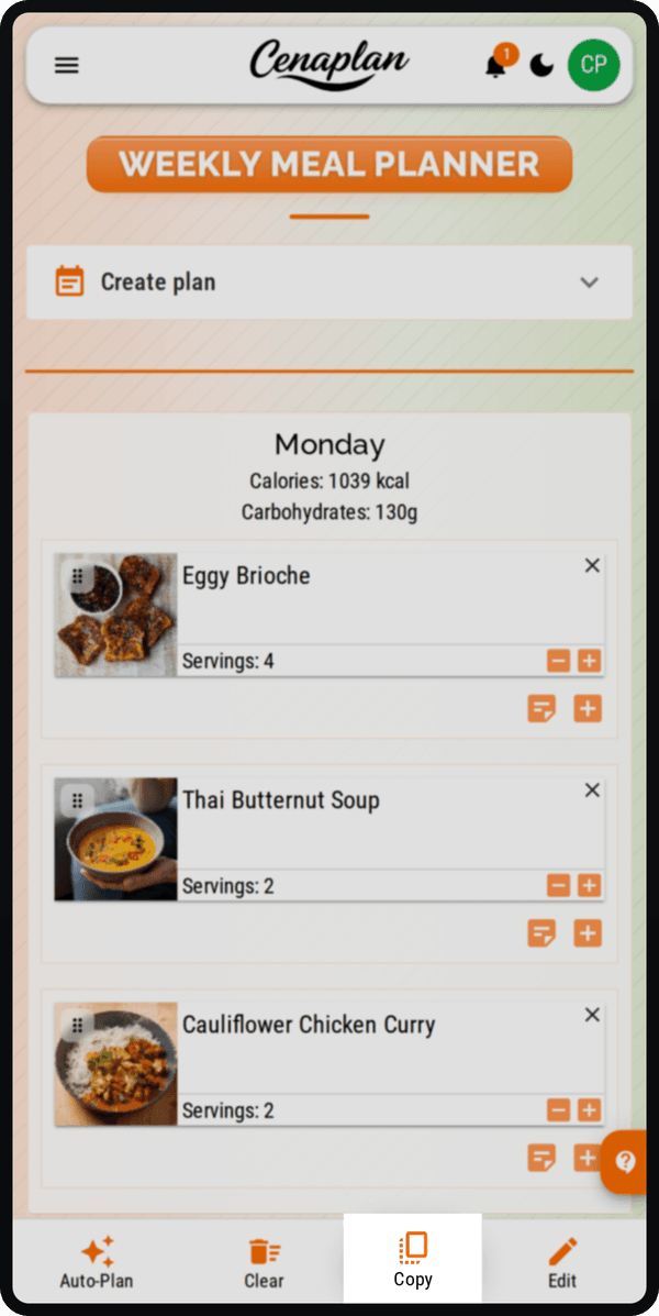 Cenaplan mobile planner actions for copying a weekly meal plan or shifting meals forward